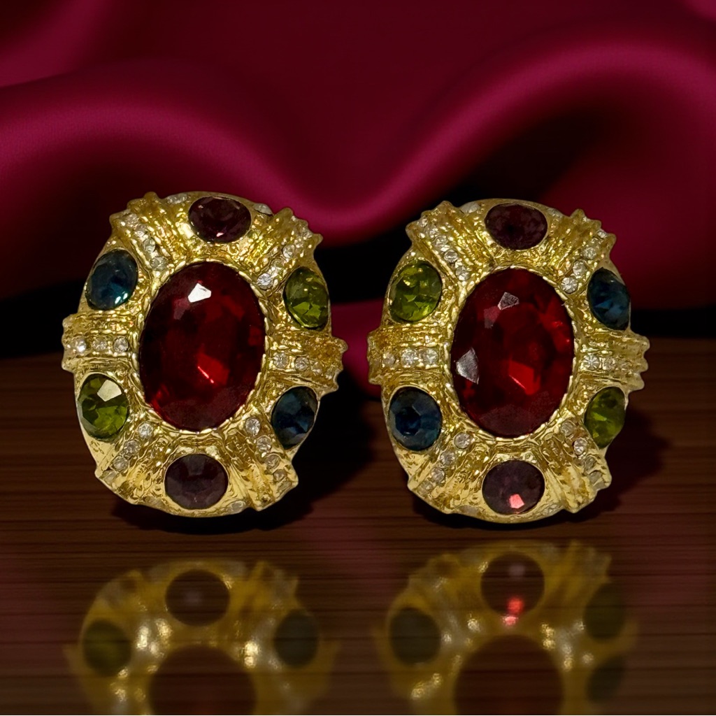 Vintage Elegant Ornate Gold W/Red Purple Green Blue & Clear Gems Clipon Earrings